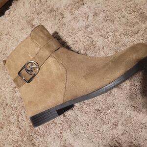 Tan Suede Ankle Boots with Logo Buckle.